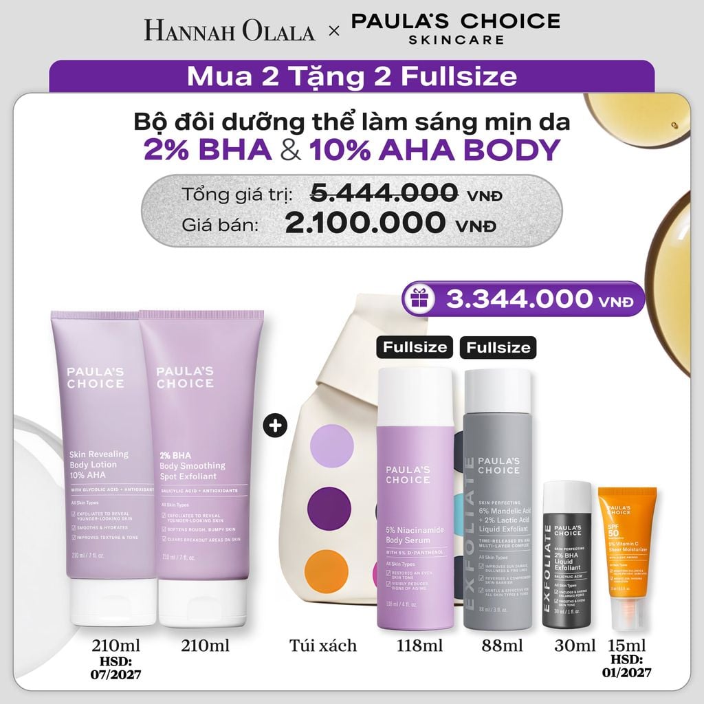  BỘ ĐÔI DƯỠNG THỂ PAULA'S CHOICE GIẢM MỤN VÀ SÁNG DA 2% BHA BODY SMOOTHING SPOT EXFOLIANT 210ML + 10% AHA BRIGHTENING BODY LOTION - HSD AHA: 07/2027 - DEAL 20 - E12 