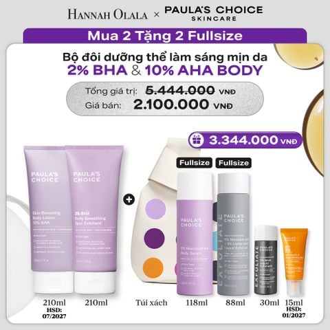  BỘ ĐÔI DƯỠNG THỂ PAULA'S CHOICE GIẢM MỤN VÀ SÁNG DA 2% BHA BODY SMOOTHING SPOT EXFOLIANT 210ML + 10% AHA BRIGHTENING BODY LOTION - HSD AHA: 07/2027 - DEAL 20 