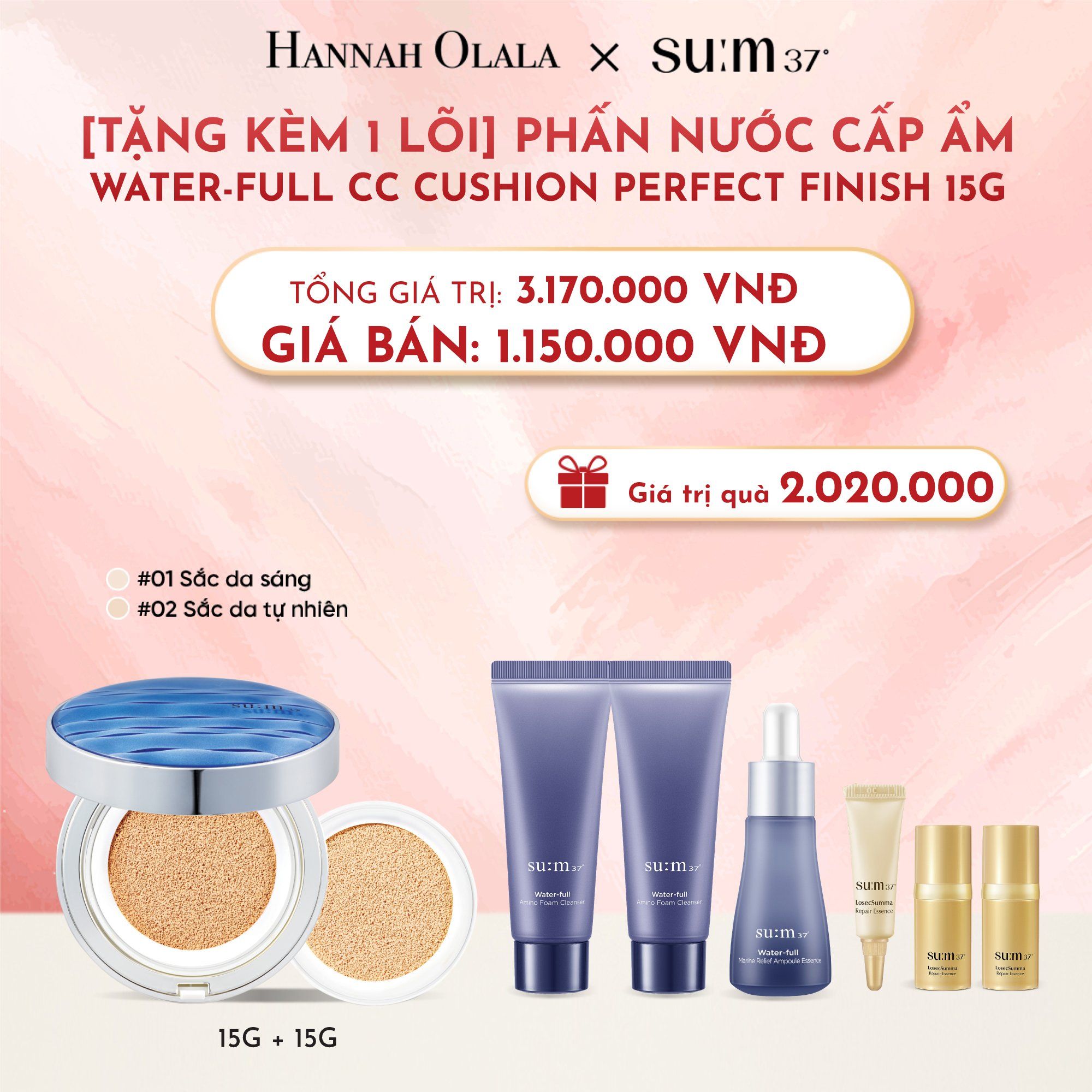  D7_DEAL23: [TẶNG KÈM 1 LÕI] PHẤN NƯỚC CẤP ẨM SU:M37 WATER-FULL CC CUSHION PERFECT FINISH 15G 