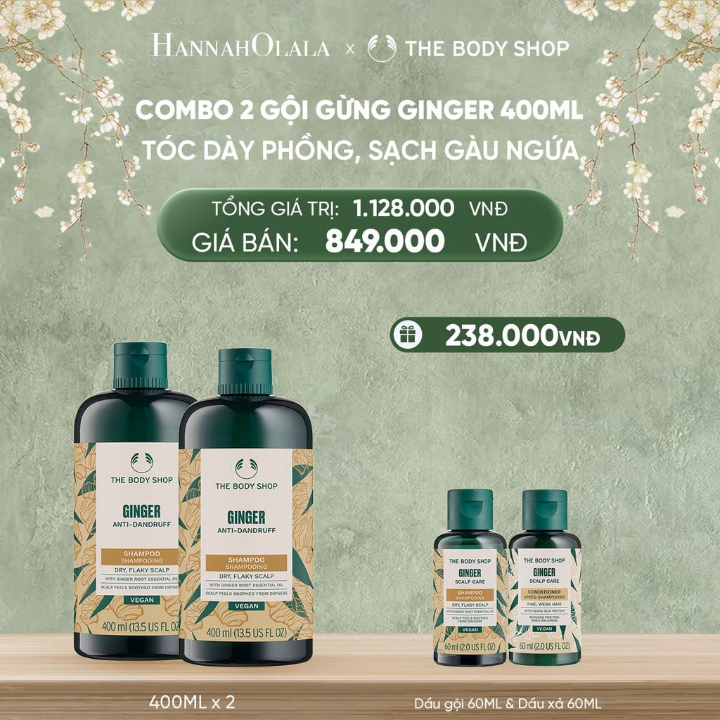  DEAL 2: COMBO CHĂM TÓC DÀY PHỒNG, GIẢM GÃY RỤNG, SẠCH GÀU NGỨA GINGER 400ML - 2X DẦU GỘI 
