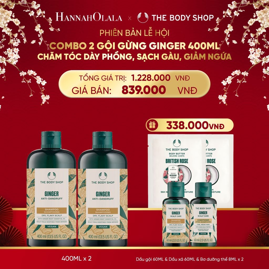  DEAL 2: COMBO CHĂM TÓC DÀY PHỒNG, GIẢM GÃY RỤNG, SẠCH GÀU NGỨA GINGER 400ML - 2X DẦU GỘI 