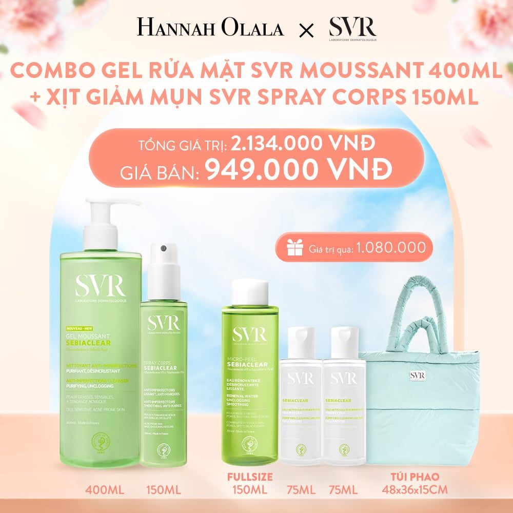 A811_DEAL 02: COMBO 1 GEL RỬA MẶT KHÔNG CÓ XÀ PHÒNG SVR SEBIACLEAR GEL MOUSSANT 400ML VÀ 1 XỊT DƯỠNG DA GIẢM MỤN SVR SEBIACLEAR SPRAY CORPS 150ML 