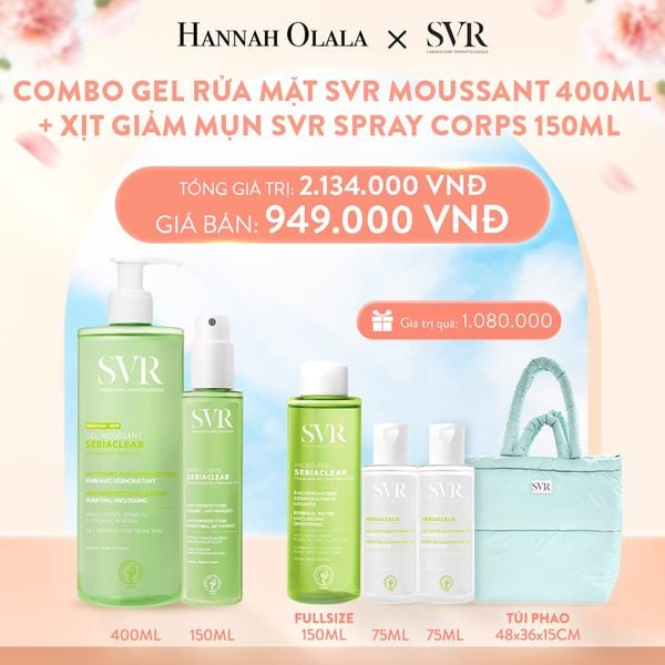  DEAL 02: COMBO 1 GEL RỬA MẶT KHÔNG CÓ XÀ PHÒNG SVR SEBIACLEAR GEL MOUSSANT 400ML VÀ 1 XỊT DƯỠNG DA GIẢM MỤN SVR SEBIACLEAR SPRAY CORPS 150ML 