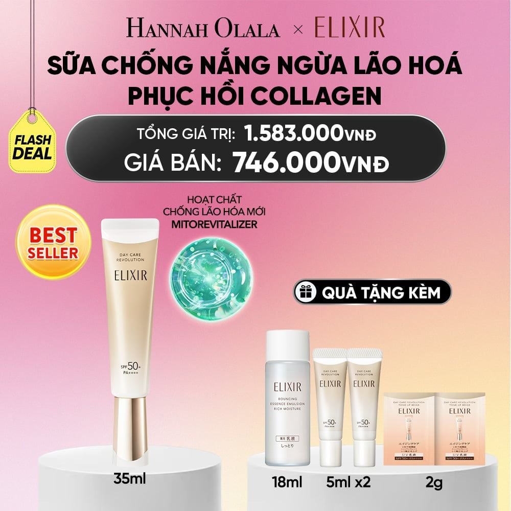  [THẾ HỆ MỚI] KEM CHỐNG NẮNG DẠNG SỮA PHỤC HỒI COLLAGEN TỪ CẤP ĐỘ TẾ BÀO ELIXIR DAY CARE REVOLUTION SPF50+ 35ML - DEAL 4_A1647 