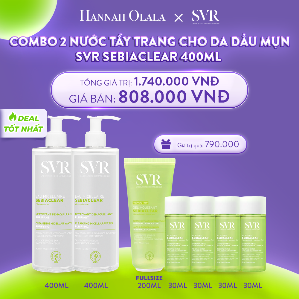  C11_DEAL 04: COMBO 2 NƯỚC LÀM SẠCH DA, TẨY TRANG VÀ GIÚP LOẠI BỎ DẦU SVR SEBIACLEAR EAU MICELLAIRE 400ML 