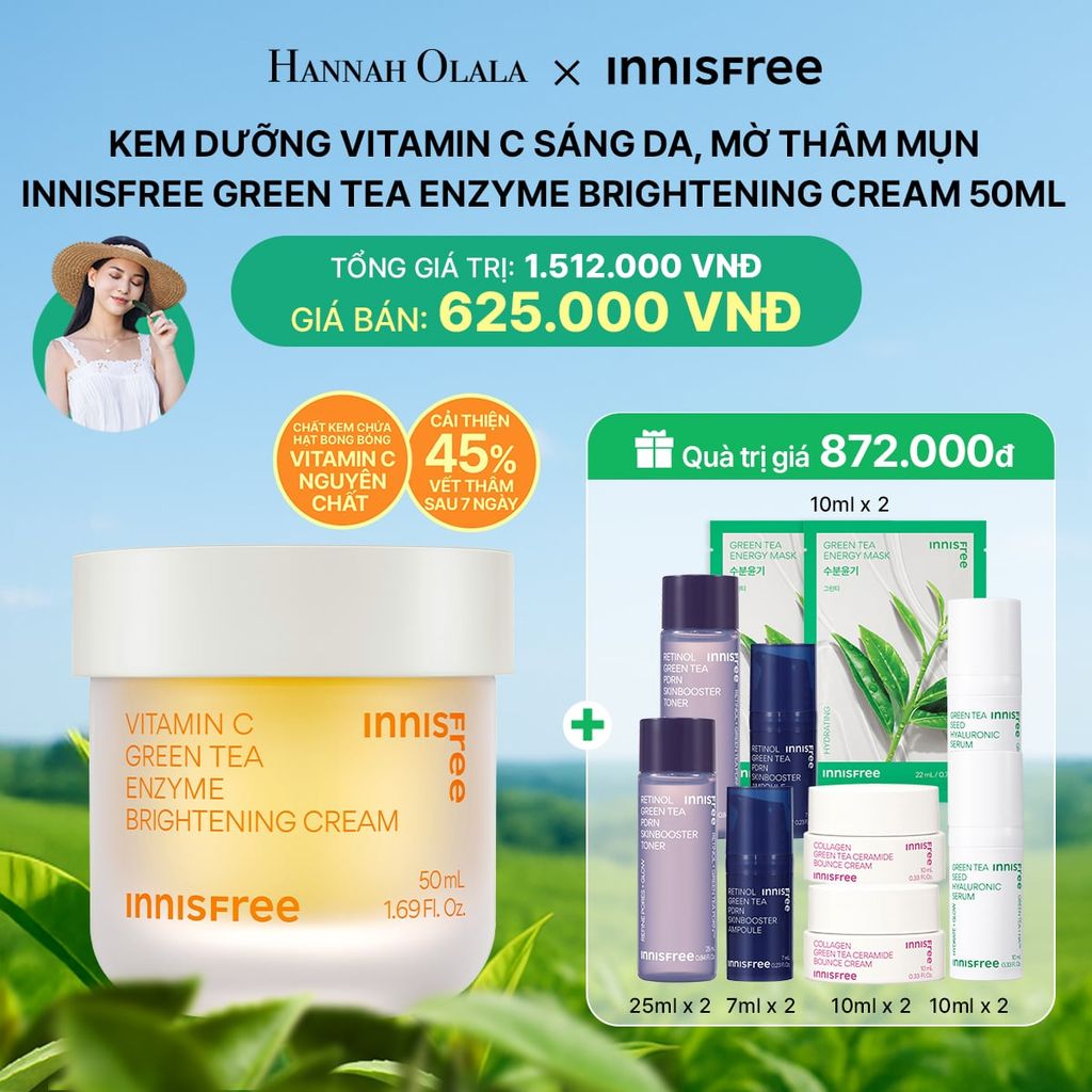  DEAL 10: KEM DƯỠNG VITAMIN C SÁNG DA, MỜ THÂM MỤN INNISFREE GREEN TEA ENZYME BRIGHTENING CREAM 50ML 