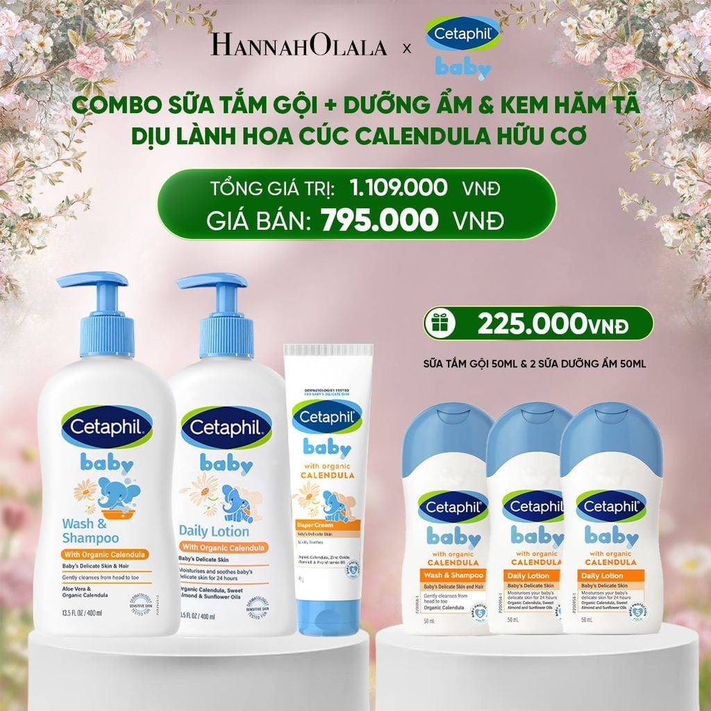  DEAL 10: BỘ SỮA TẮM GỘI 400ML + SỮA DƯỠNG ẨM 400ML + KEM CHỐNG HĂM TÃ 70G CETAPHIL BABY WITH ORGANIC CALENDULA 