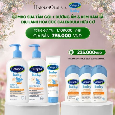  DEAL 10: BỘ SỮA TẮM GỘI 400ML + SỮA DƯỠNG ẨM 400ML + KEM CHỐNG HĂM TÃ 70G CETAPHIL BABY WITH ORGANIC CALENDULA 