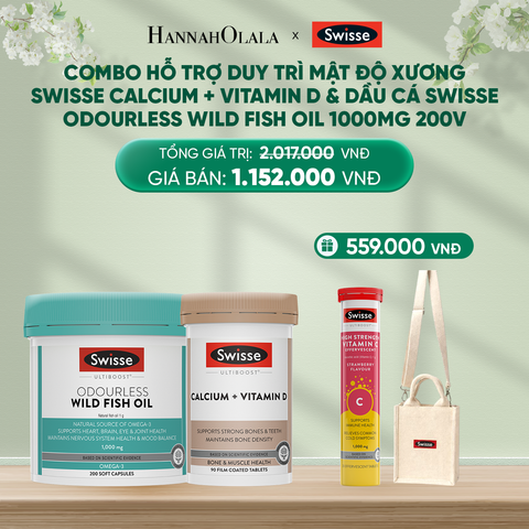  DEAL 10: COMBO HỖ TRỢ DUY TRÌ MẬT ĐỘ XƯƠNG SWISSE CALCIUM + VITAMIN D & DẦU CÁ SWISSE ODOURLESS WILD FISH OIL 1000MG 200V 