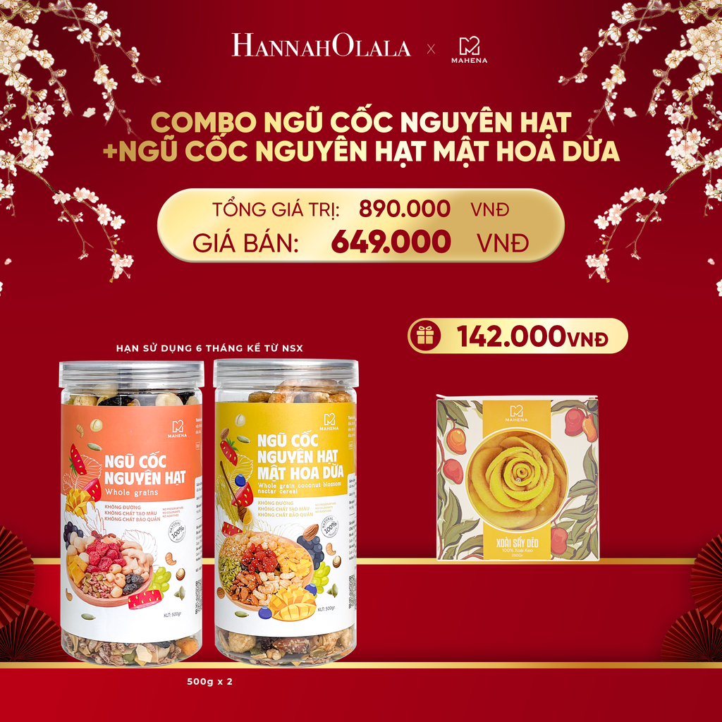  DEAL 10: COMBO NGŨ CỐC NGUYÊN HẠT 500G + NGŨ CỐC NGUYÊN HẠT MẬT HOA DỪA 500G TẶNG 1 HỘP XOÀI XẾP HOA 250G 