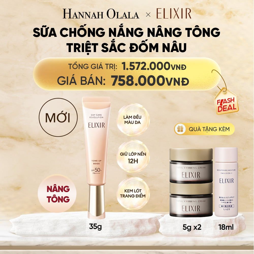  [ SẮC BEIGE MỚI ] KEM CHỐNG NẮNG DẠNG SỮA NÂNG TÔNG CHỐNG LÃO HÓA TRIỆT SẮC ĐỐM NÂU ELIXIR DAY CARE REVOLUTION TONE-UP PURE BEIGE 35G - DEAL 10 