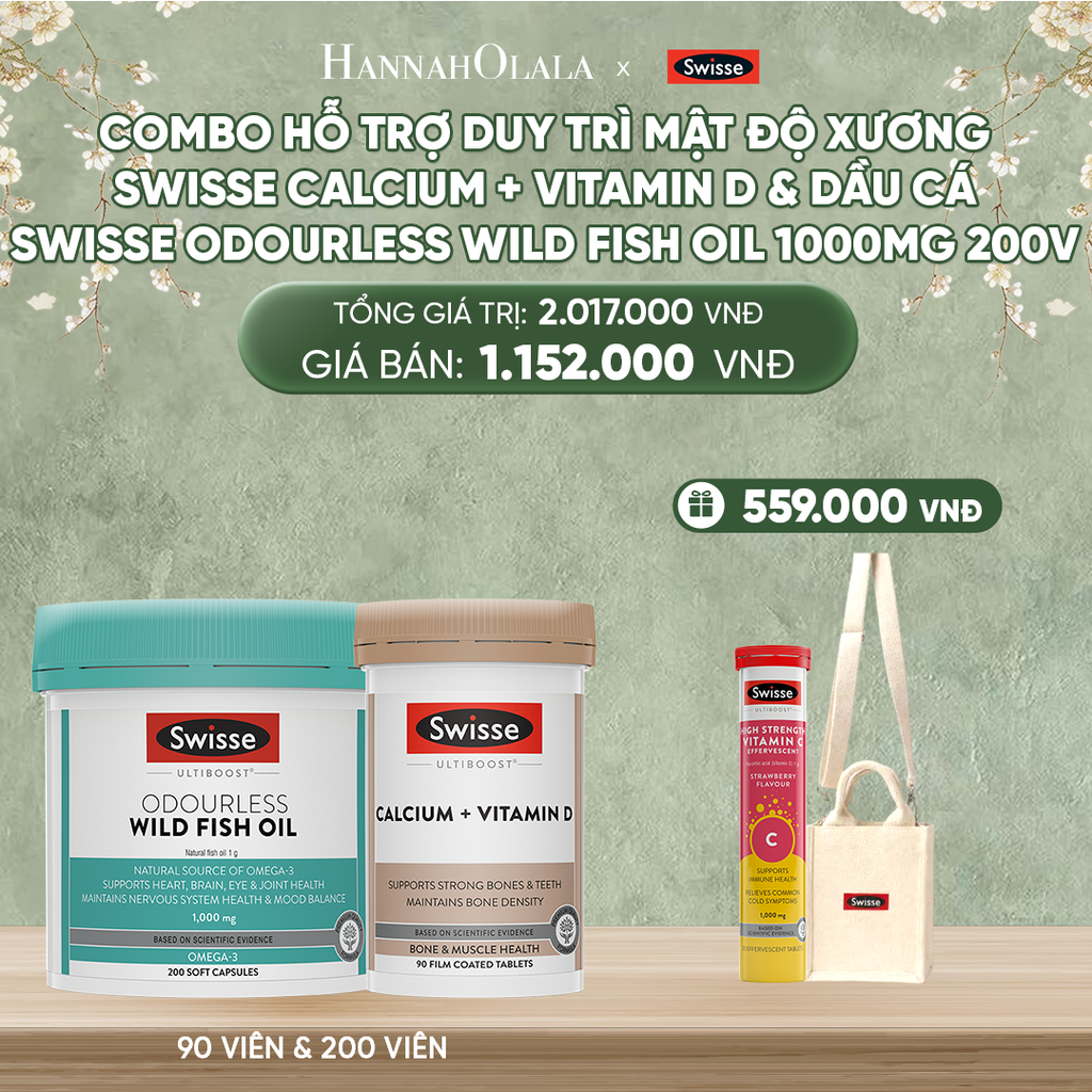  DEAL 10: COMBO HỖ TRỢ DUY TRÌ MẬT ĐỘ XƯƠNG SWISSE CALCIUM + VITAMIN D & DẦU CÁ SWISSE ODOURLESS WILD FISH OIL 1000MG 200V 