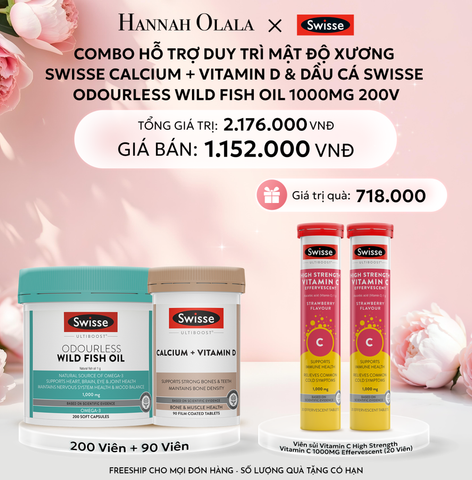 E823: DEAL 10: COMBO HỖ TRỢ DUY TRÌ MẬT ĐỘ XƯƠNG SWISSE CALCIUM + VITAMIN D & DẦU CÁ SWISSE ODOURLESS WILD FISH OIL 1000MG 200V 