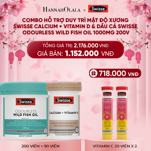  DEAL 10: COMBO HỖ TRỢ DUY TRÌ MẬT ĐỘ XƯƠNG SWISSE CALCIUM + VITAMIN D & DẦU CÁ SWISSE ODOURLESS WILD FISH OIL 1000MG 200V 