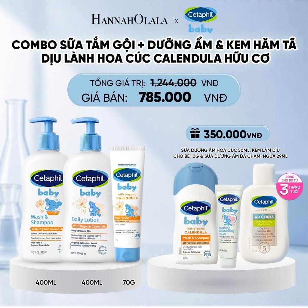  BỘ SỮA TẮM GỘI 400ML + SỮA DƯỠNG ẨM 400ML + KEM CHỐNG HĂM TÃ 70G CETAPHIL BABY WITH ORGANIC CALENDULA DEAL 10: 
