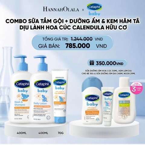  BỘ SỮA TẮM GỘI 400ML + SỮA DƯỠNG ẨM 400ML + KEM CHỐNG HĂM TÃ 70G CETAPHIL BABY WITH ORGANIC CALENDULA DEAL 10: 