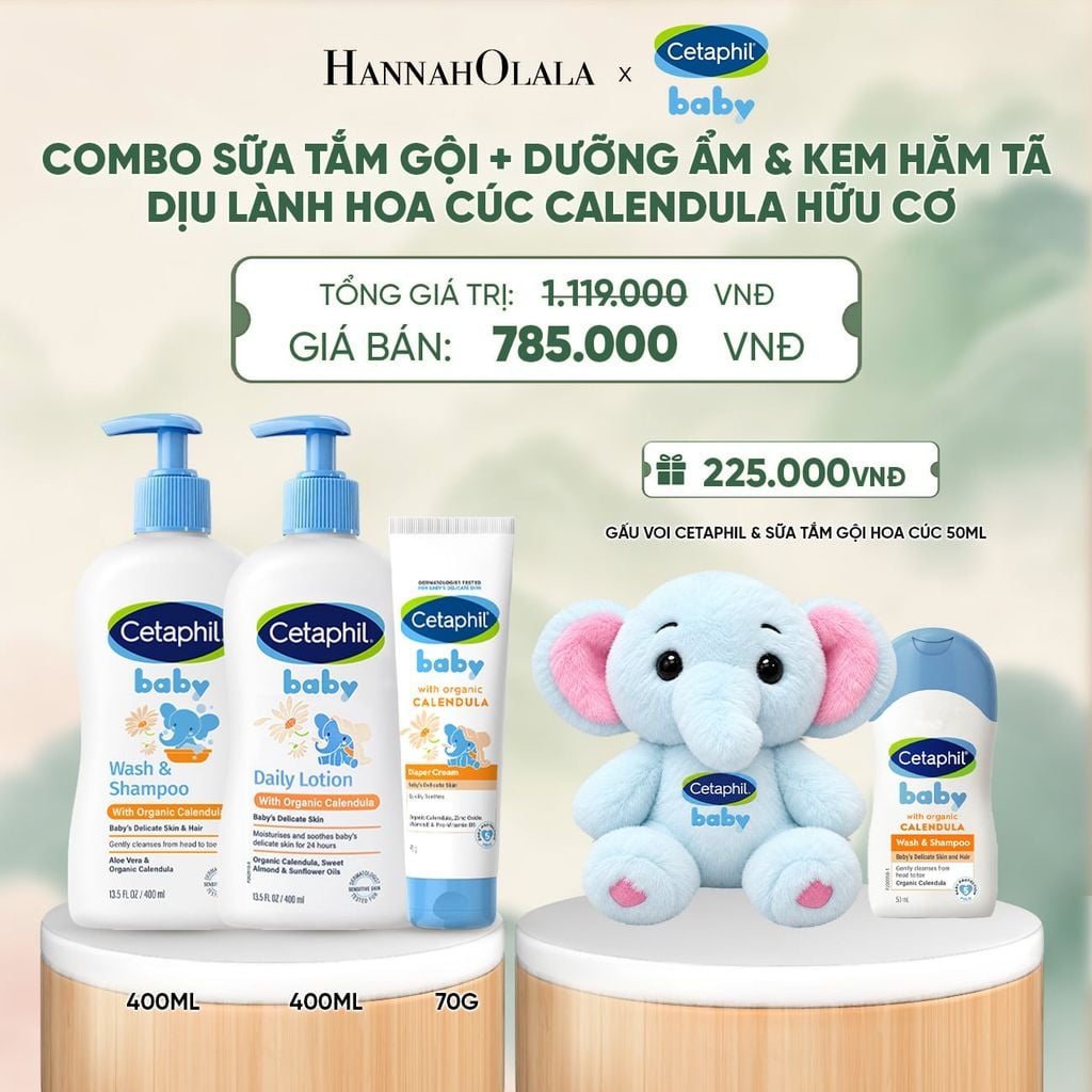  BỘ SỮA TẮM GỘI 400ML + SỮA DƯỠNG ẨM 400ML + KEM CHỐNG HĂM TÃ 70G CETAPHIL BABY WITH ORGANIC CALENDULA DEAL 10: - A1291 