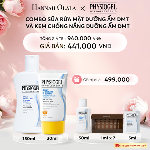  E853: DEAL 10: BỘ ĐÔI LÀM SẠCH VÀ CHÔNG NẮNG PHYSIOGEL DAILY MOISTURE THERAPY: SỮA RỬA MẶT 150ML VÀ KEM CHỐNG NẮNG DƯỠNG ẨM 30ml 