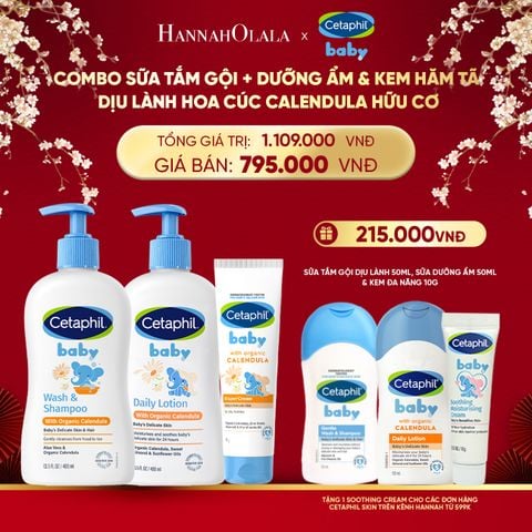  DEAL 10: BỘ SỮA TẮM GỘI 400ML + SỮA DƯỠNG ẨM 400ML + KEM CHỐNG HĂM TÃ 70G CETAPHIL BABY WITH ORGANIC CALENDULA 