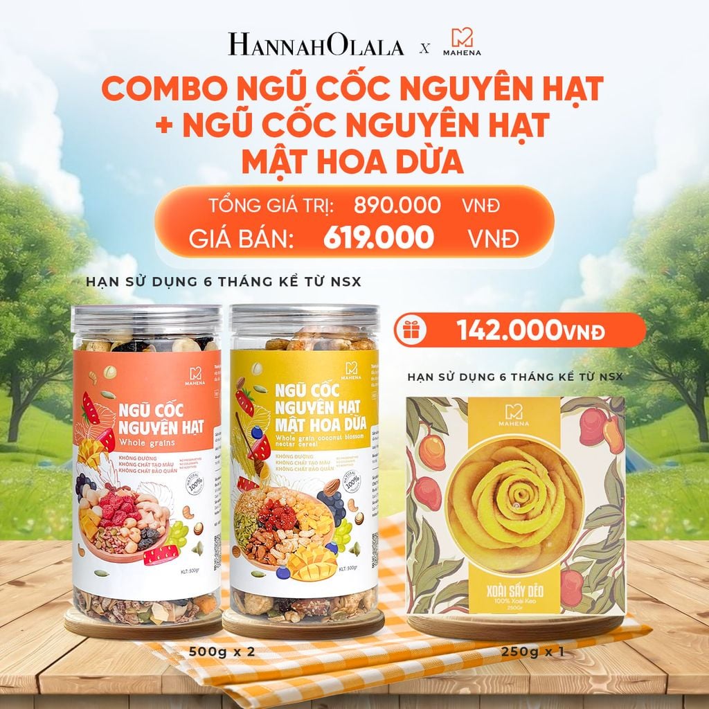  COMBO NGŨ CỐC NGUYÊN HẠT 500G + NGŨ CỐC NGUYÊN HẠT MẬT HOA DỪA 500G TẶNG 1 HỘP XOÀI XẾP HOA 250G - DEAL 10: 