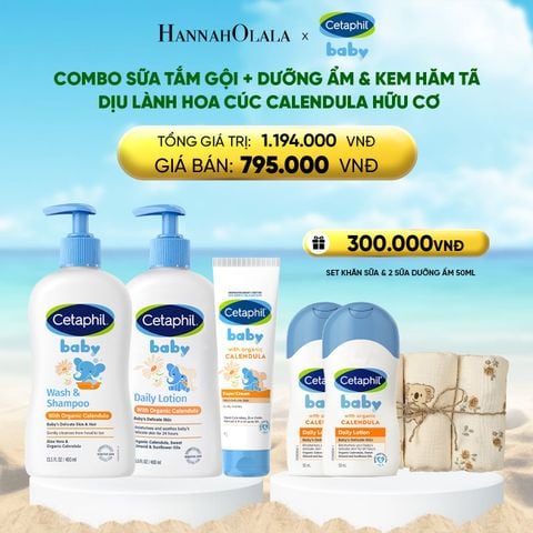  DEAL 10: BỘ SỮA TẮM GỘI 400ML + SỮA DƯỠNG ẨM 400ML + KEM CHỐNG HĂM TÃ 70G CETAPHIL BABY WITH ORGANIC CALENDULA 