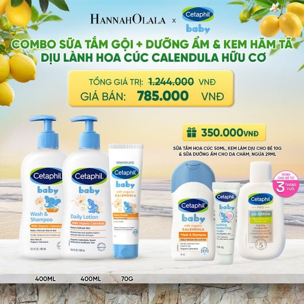  BỘ SỮA TẮM GỘI 400ML + SỮA DƯỠNG ẨM 400ML + KEM CHỐNG HĂM TÃ 70G CETAPHIL BABY WITH ORGANIC CALENDULA DEAL 10: 