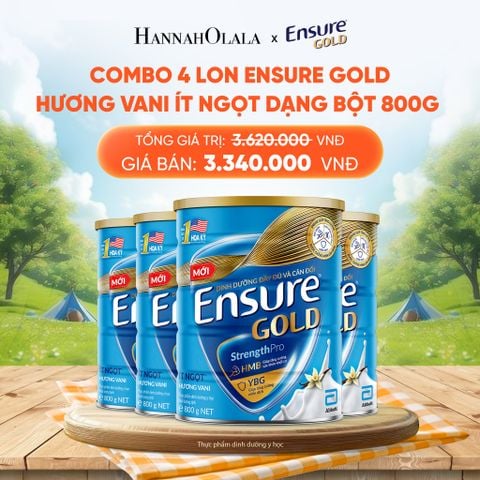  COMBO 4 LON ENSURE GOLD HƯƠNG VANI ÍT NGỌT DẠNG BỘT 800G DEAL 10: 
