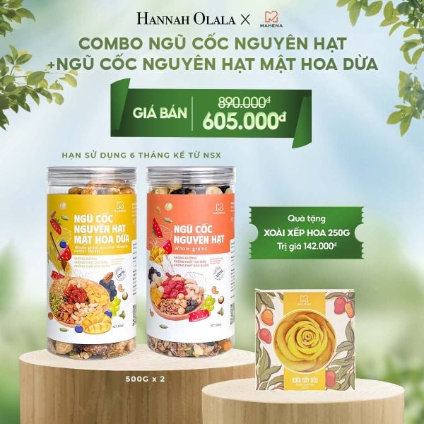  E25_DEAL 10: COMBO NGŨ CỐC NGUYÊN HẠT 500G + NGŨ CỐC NGUYÊN HẠT MẬT HOA DỪA 500G TẶNG 1 HỘP XOÀI XẾP HOA 250G 