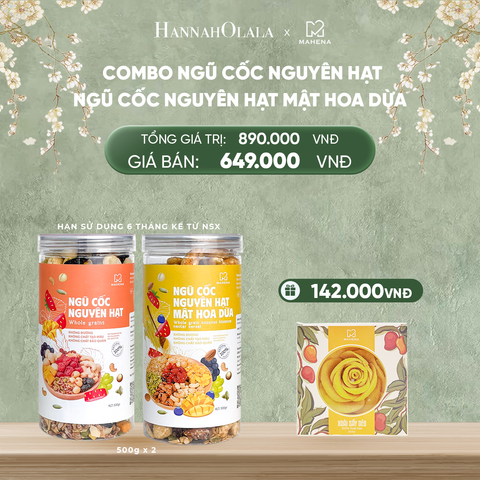  DEAL 10: COMBO NGŨ CỐC NGUYÊN HẠT 500G + NGŨ CỐC NGUYÊN HẠT MẬT HOA DỪA 500G TẶNG 1 HỘP XOÀI XẾP HOA 250G 