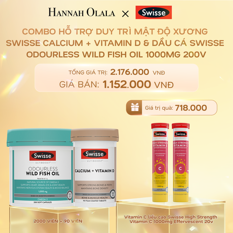  DEAL 10: COMBO HỖ TRỢ DUY TRÌ MẬT ĐỘ XƯƠNG SWISSE CALCIUM + VITAMIN D & DẦU CÁ SWISSE ODOURLESS WILD FISH OIL 1000MG 200V 