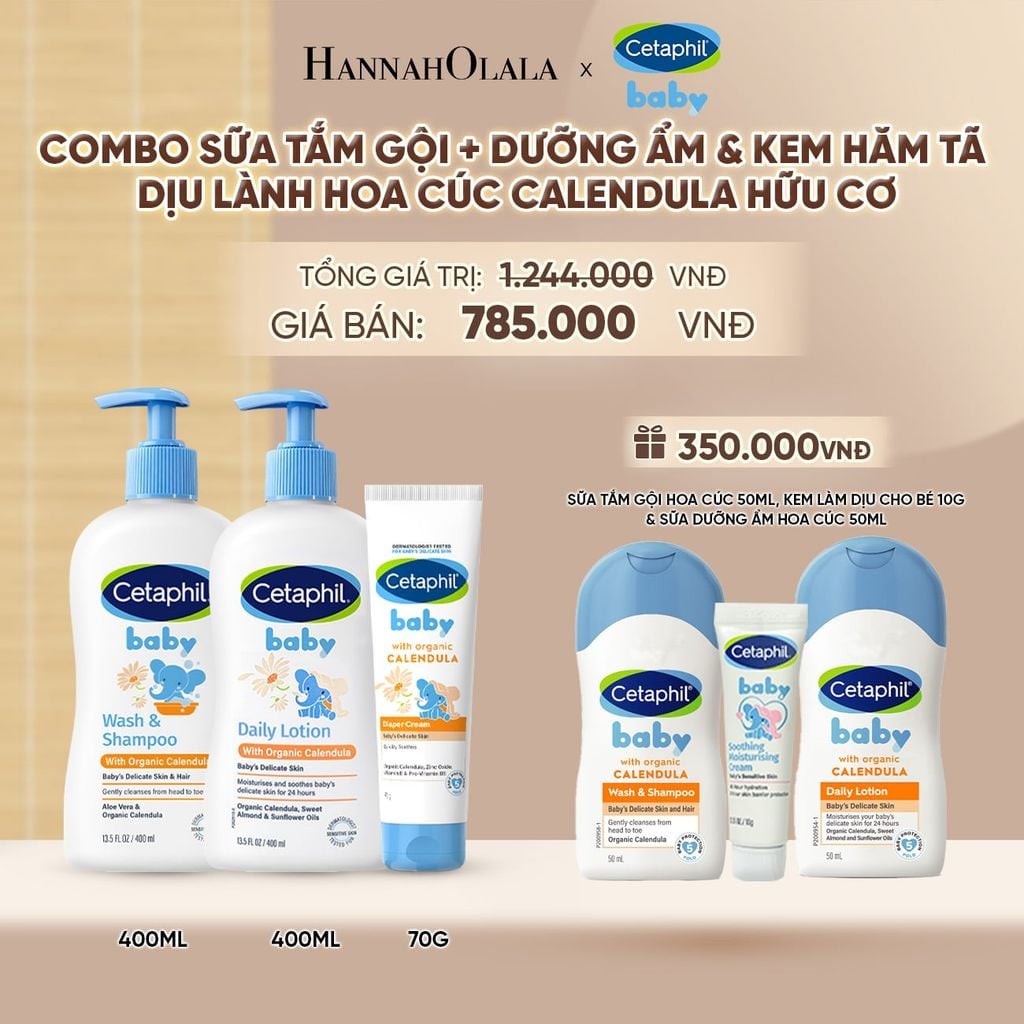  BỘ SỮA TẮM GỘI 400ML + SỮA DƯỠNG ẨM 400ML + KEM CHỐNG HĂM TÃ 70G CETAPHIL BABY WITH ORGANIC CALENDULA DEAL 10: - A1189 
