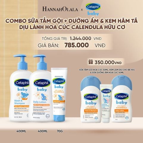  BỘ SỮA TẮM GỘI 400ML + SỮA DƯỠNG ẨM 400ML + KEM CHỐNG HĂM TÃ 70G CETAPHIL BABY WITH ORGANIC CALENDULA DEAL 10: - A1189 