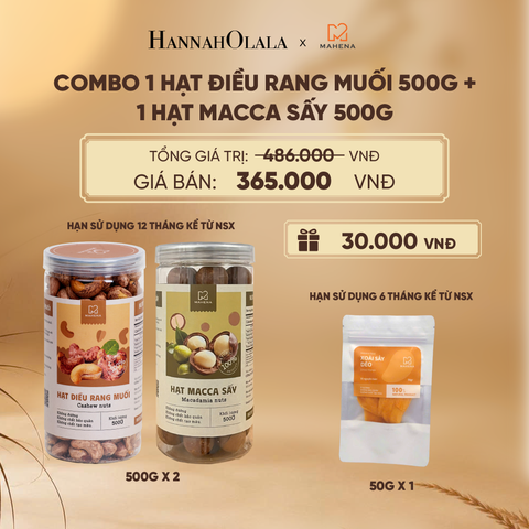  COMBO 1 HẠT ĐIỀU RANG MUỐI 500G + 1 HẠT MACCA SẤY 500G TẶNG 1 XOÀI SẤY DẺO 50G DEAL 10: - E58 