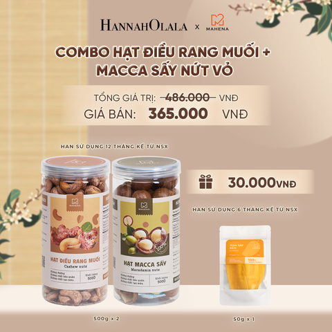  COMBO 1 HẠT ĐIỀU RANG MUỐI 500G + 1 HẠT MACCA SẤY 500G TẶNG 1 XOÀI SẤY DẺO 50G DEAL 10: 