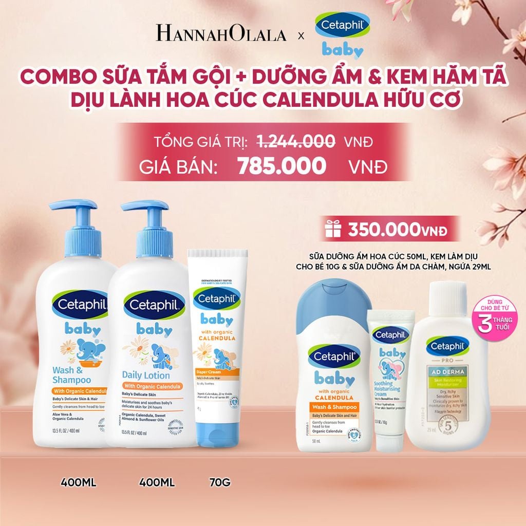  BỘ SỮA TẮM GỘI 400ML + SỮA DƯỠNG ẨM 400ML + KEM CHỐNG HĂM TÃ 70G CETAPHIL BABY WITH ORGANIC CALENDULA DEAL 10: - A671 
