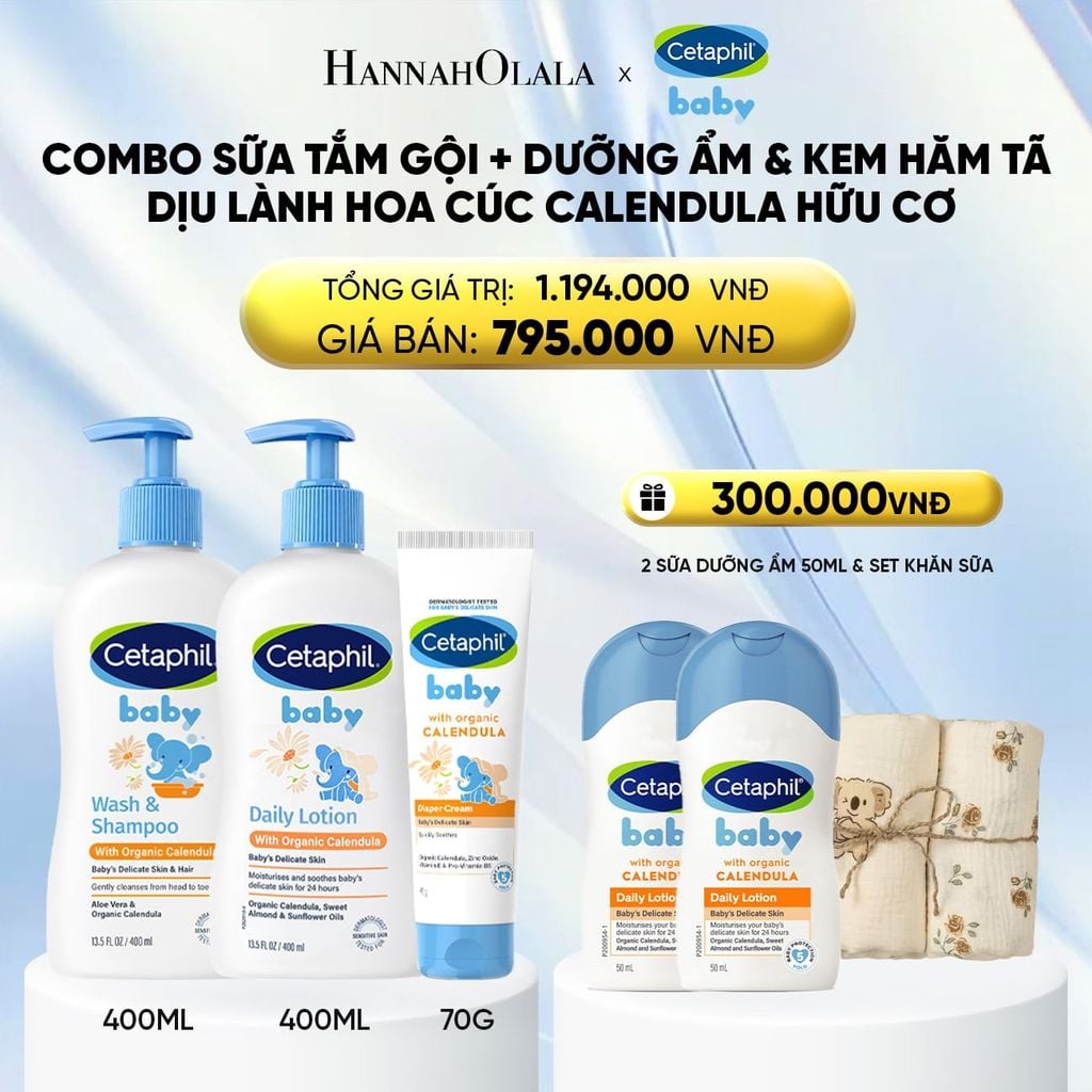  BỘ SỮA TẮM GỘI 400ML + SỮA DƯỠNG ẨM 400ML + KEM CHỐNG HĂM TÃ 70G CETAPHIL BABY WITH ORGANIC CALENDULA - DEAL 10: 