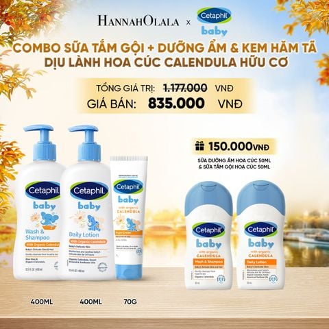  BỘ SỮA TẮM GỘI 400ML + SỮA DƯỠNG ẨM 400ML + KEM CHỐNG HĂM TÃ 70G CETAPHIL BABY WITH ORGANIC CALENDULA DEAL 10: - E1757 