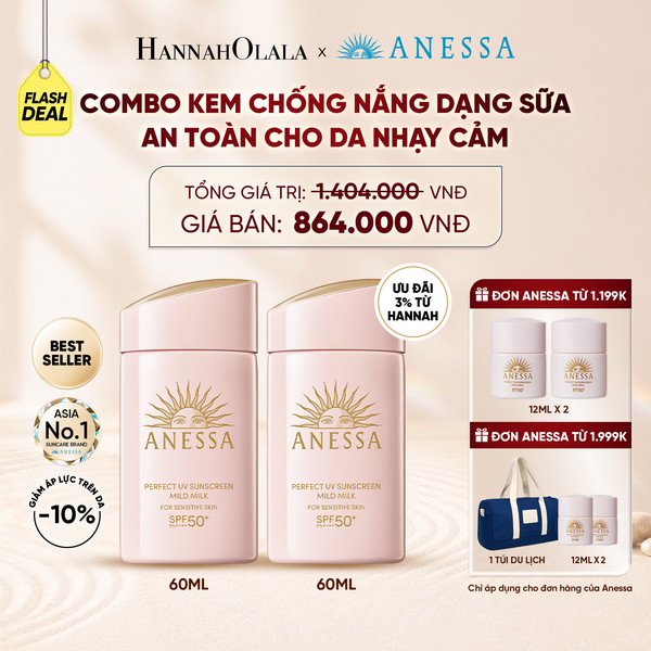  [FLASHSALE] COMBO SỮA CHỐNG NẮNG DƯỠNG DA DỊU NHẸ AN TOÀN CHO DA NHẠY CẢM VÀ TRẺ EM ANESSA MILD MILK SPF50+ PA++++ 60MLX2 - DEAL 10 