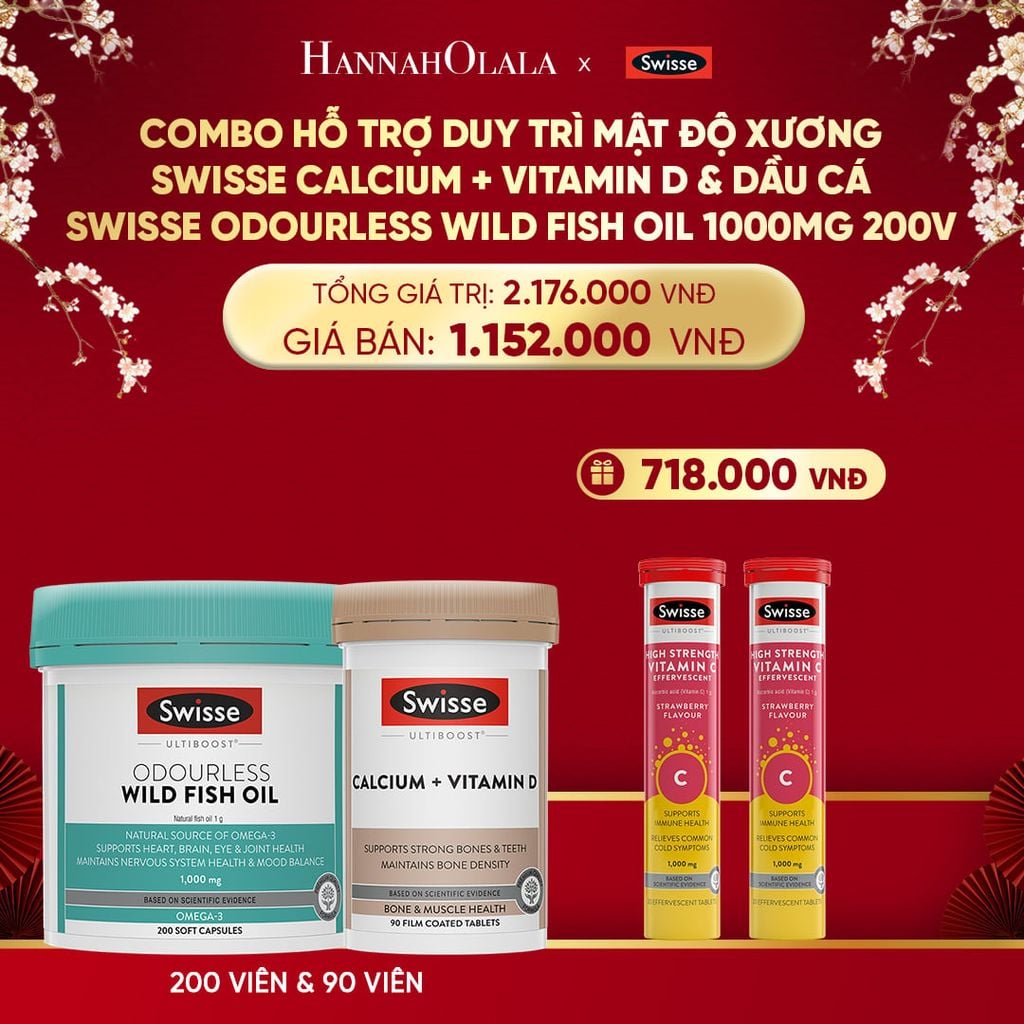  DEAL 10: COMBO HỖ TRỢ DUY TRÌ MẬT ĐỘ XƯƠNG SWISSE CALCIUM + VITAMIN D & DẦU CÁ SWISSE ODOURLESS WILD FISH OIL 1000MG 200V 
