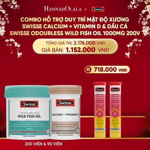  DEAL 10: COMBO HỖ TRỢ DUY TRÌ MẬT ĐỘ XƯƠNG SWISSE CALCIUM + VITAMIN D & DẦU CÁ SWISSE ODOURLESS WILD FISH OIL 1000MG 200V 