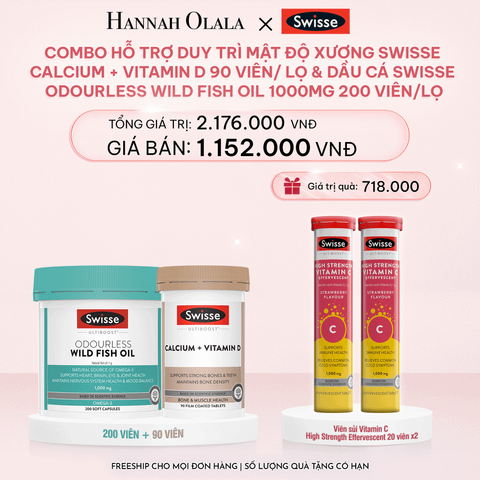  E718_DEAL 10: COMBO HỖ TRỢ DUY TRÌ MẬT ĐỘ XƯƠNG SWISSE CALCIUM + VITAMIN D & DẦU CÁ SWISSE ODOURLESS WILD FISH OIL 1000MG 200V 