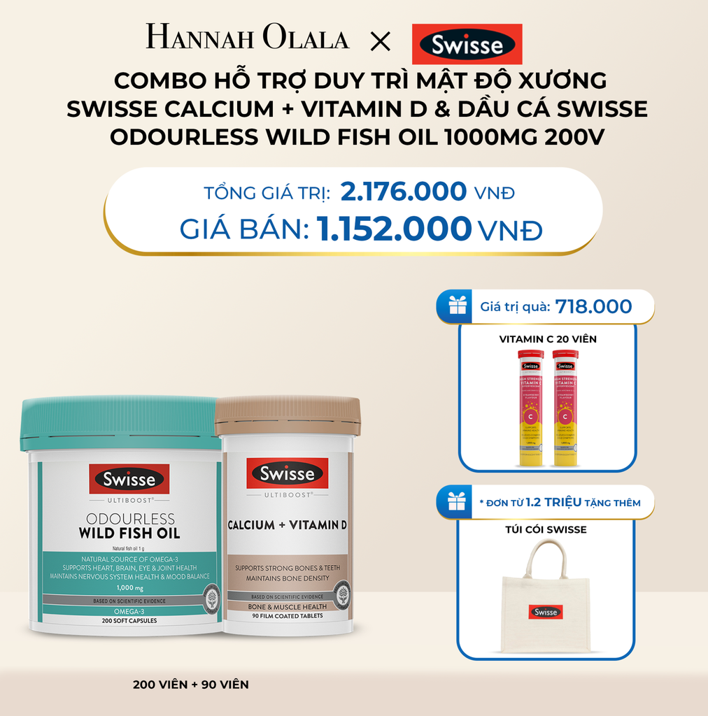  DEAL 10: COMBO HỖ TRỢ DUY TRÌ MẬT ĐỘ XƯƠNG SWISSE CALCIUM + VITAMIN D & DẦU CÁ SWISSE ODOURLESS WILD FISH OIL 1000MG 200V 