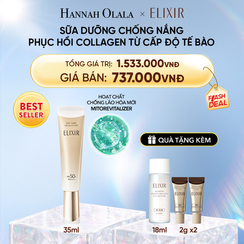  DEAL 10: [THẾ HỆ MỚI] KEM CHỐNG NẮNG DẠNG SỮA PHỤC HỒI COLLAGEN TỪ CẤP ĐỘ TẾ BÀO ELIXIR DAY CARE REVOLUTION SPF50+ 35ML 