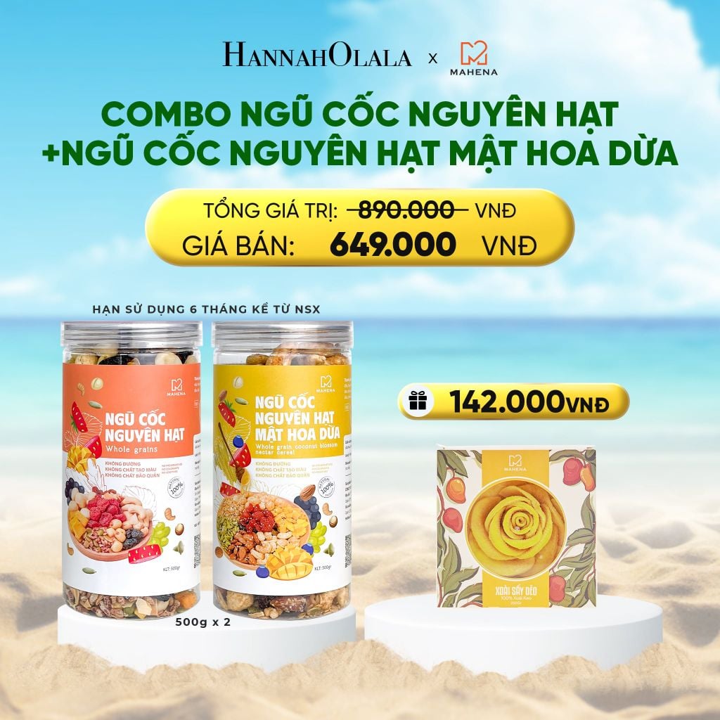  COMBO NGŨ CỐC NGUYÊN HẠT 500G + NGŨ CỐC NGUYÊN HẠT MẬT HOA DỪA 500G TẶNG 1 HỘP XOÀI XẾP HOA 250G 