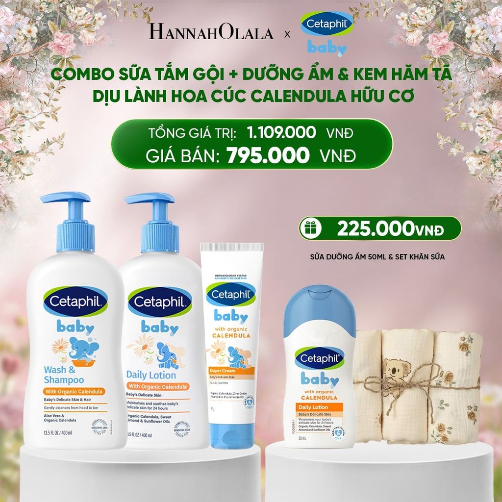  E1352_DEAL 10: BỘ SỮA TẮM GỘI 400ML + SỮA DƯỠNG ẨM 400ML + KEM CHỐNG HĂM TÃ 70G CETAPHIL BABY WITH ORGANIC CALENDULA 