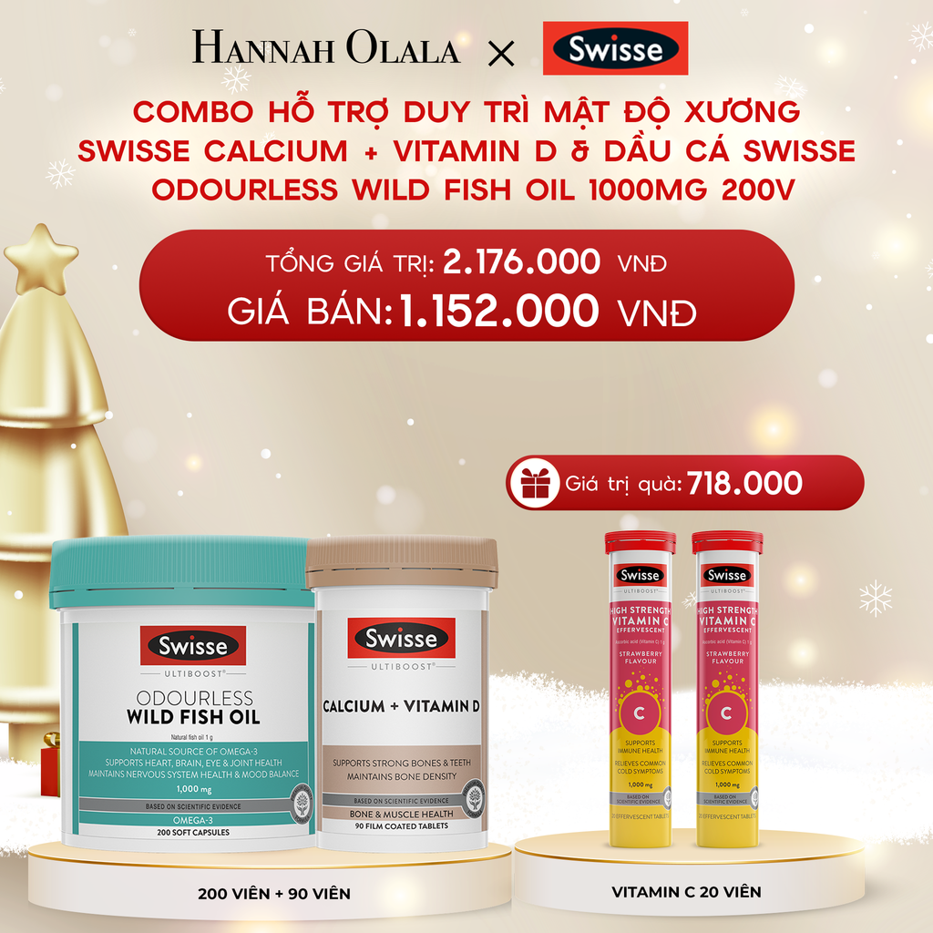  DEAL 10: COMBO HỖ TRỢ DUY TRÌ MẬT ĐỘ XƯƠNG SWISSE CALCIUM + VITAMIN D & DẦU CÁ SWISSE ODOURLESS WILD FISH OIL 1000MG 200V 