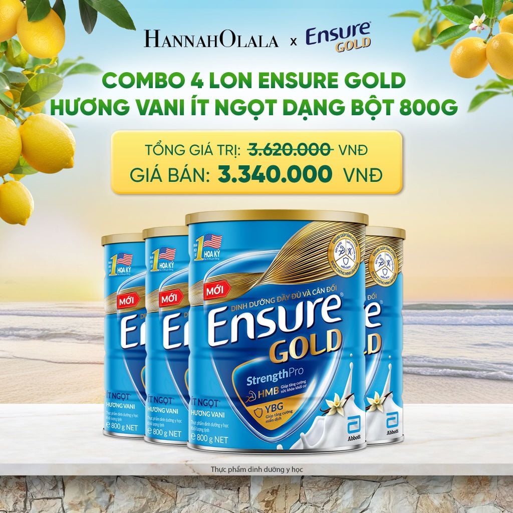  COMBO 4 LON ENSURE GOLD HƯƠNG VANI ÍT NGỌT DẠNG BỘT 800G DEAL 10: 