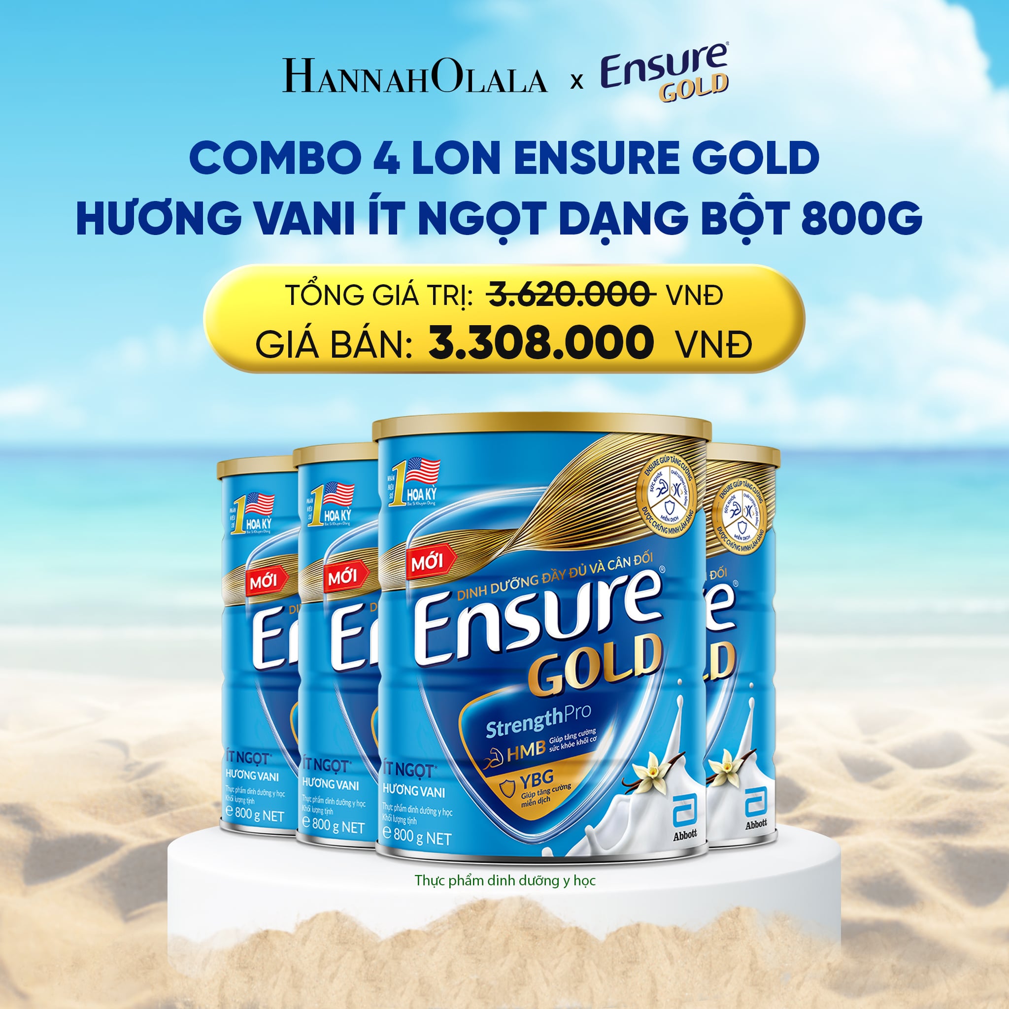 A1219_deal 10: combo 4 lon ensure gold hương vani ít ngọt dạng bột 800g