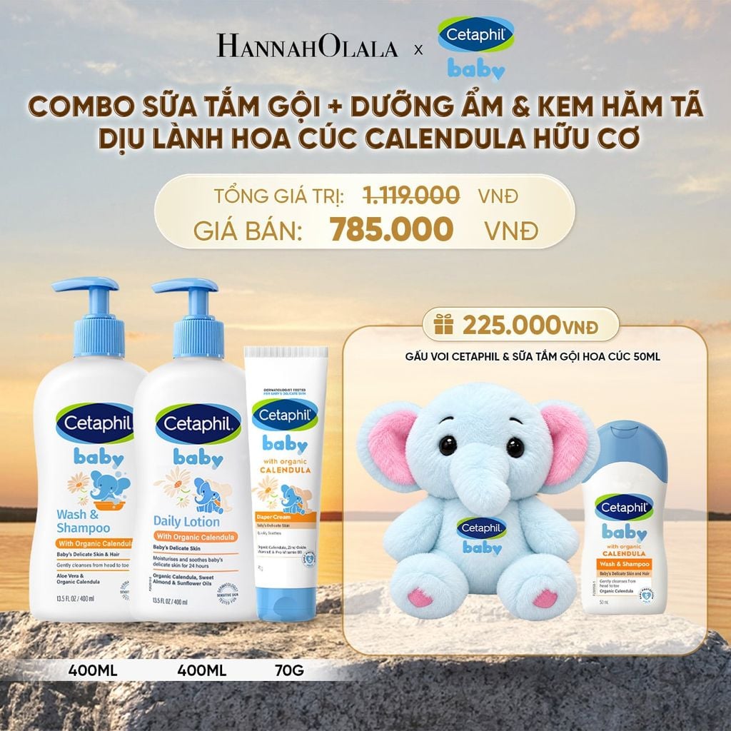  BỘ SỮA TẮM GỘI 400ML + SỮA DƯỠNG ẨM 400ML + KEM CHỐNG HĂM TÃ 70G CETAPHIL BABY WITH ORGANIC CALENDULA DEAL 10: - B588 