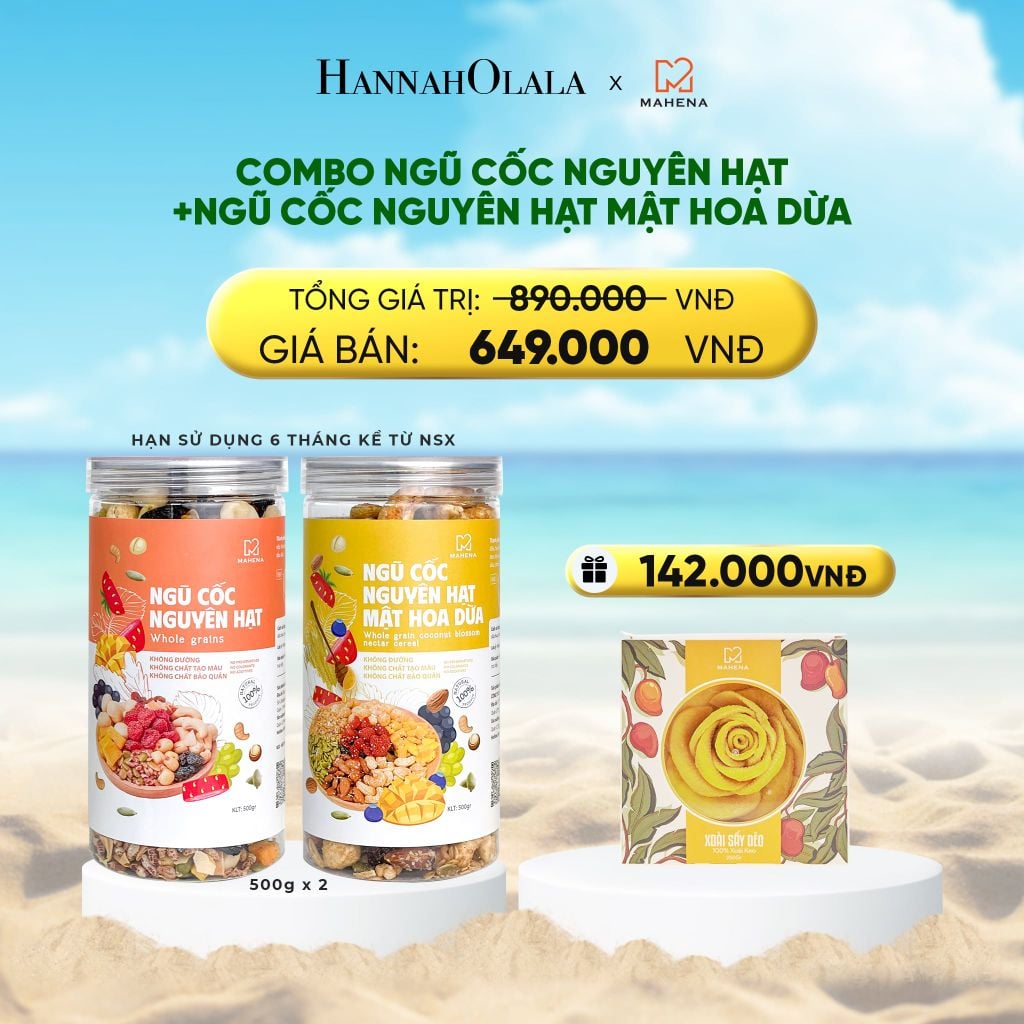  DEAL 10: COMBO NGŨ CỐC NGUYÊN HẠT 500G + NGŨ CỐC NGUYÊN HẠT MẬT HOA DỪA 500G TẶNG 1 HỘP XOÀI XẾP HOA 250G 